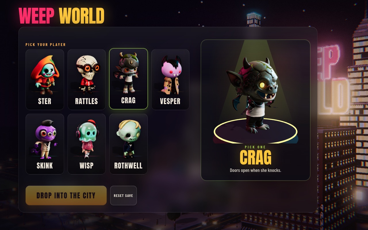 Picking a player in WEEP WORLD: Ster, Rattles, Crag, Vesper, Skink, Wisp and Rothwell